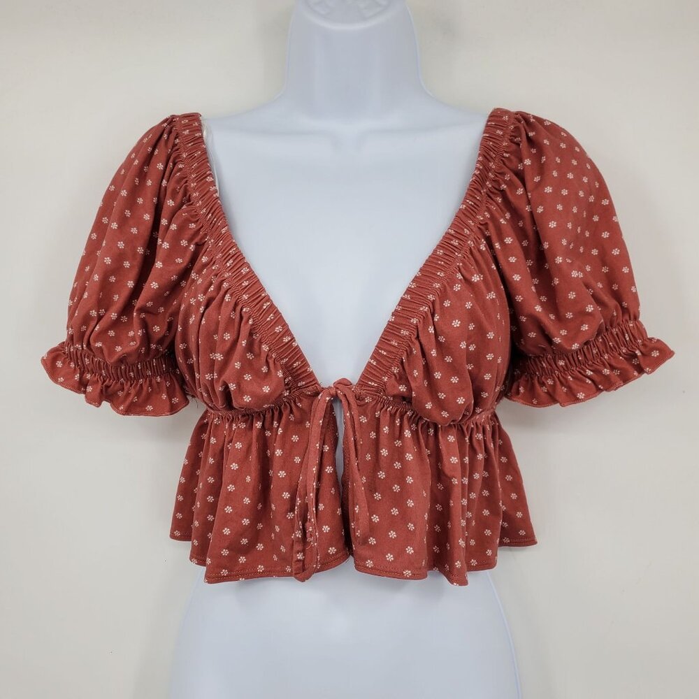 Urban Outfitters Tie Front Babydoll Boho Floral Puff Sleeve Cropped Peplum Top S